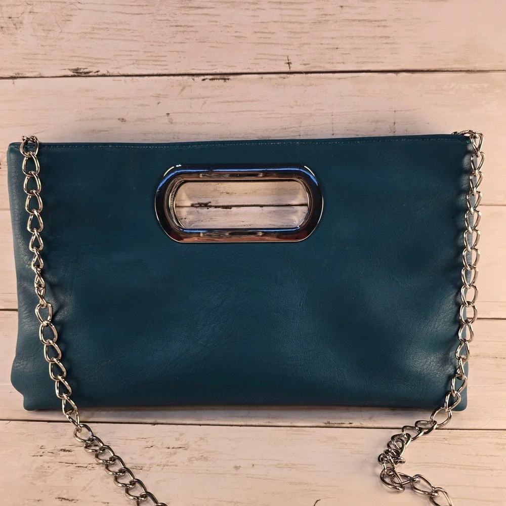Charming Charlie Teal Faux Leather Cutout Handle Clutch Crossbody Silver Chain